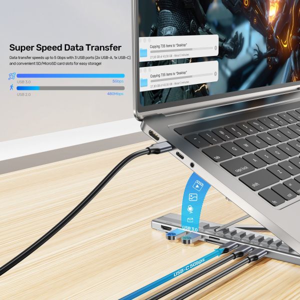D1137A, UNITEK, Laptop Stand, Foldable, with Docking Station- 2*USB-A+USB-C 5Gbps+HDMI 4K+SD/Micro SD+PD 100W), Space Grey.