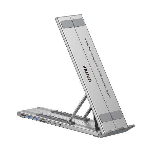D1137A, UNITEK, Laptop Stand, Foldable, with Docking Station- 2*USB-A+USB-C 5Gbps+HDMI 4K+SD/Micro SD+PD 100W), Space Grey.