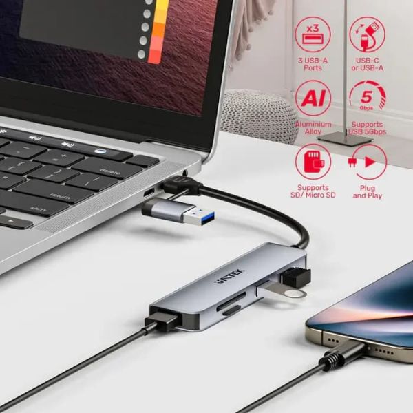 UNITEK uHUB P5+ 5-in-1 USB 5Gbps Hub with SD and Micro SD Card Reader